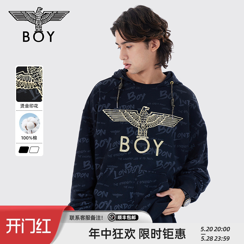 BOYLONDON秋冬男女同款长袖满印字母印花休闲套头连帽卫衣N04024