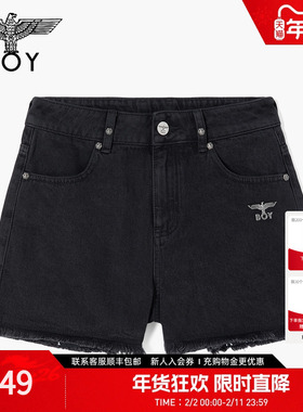 BOYLONDON时尚潮牌黑色百搭纯棉毛边热裤夏季女款牛仔短裤W53003