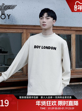 BOYLONDON春秋情侣款上衣字母印花宽松米白色长袖T恤N00008