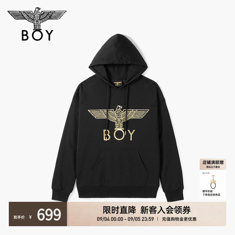 BOYLONDON时尚老鹰烫金翅膀绣花连帽套头秋季男女同款卫衣N04041