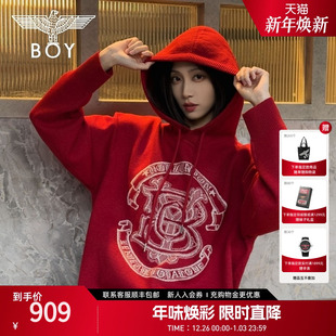 BOYLONDON春男女同款 N60018 毛衣新年红弹力套头连帽毛衣针织衫