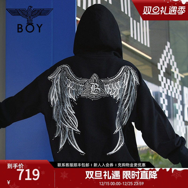 BOYLONDON春季男女同款潮牌绣花时尚长袖连帽开衫卫衣外套N