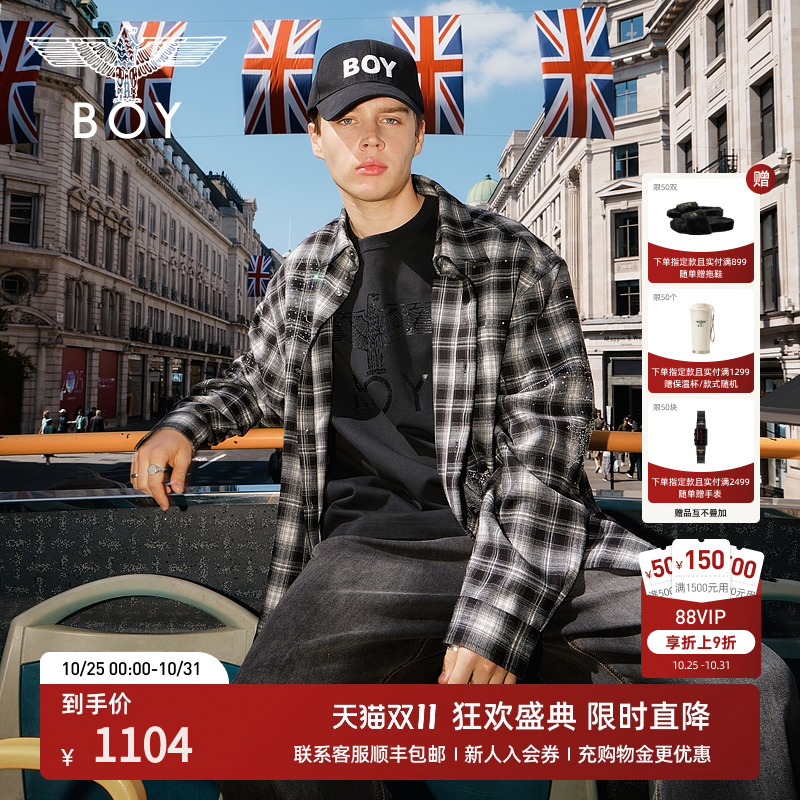 BOYLONDON2025秋季新款格子烫钻潮牌休闲情侣款长袖衬衫N21038