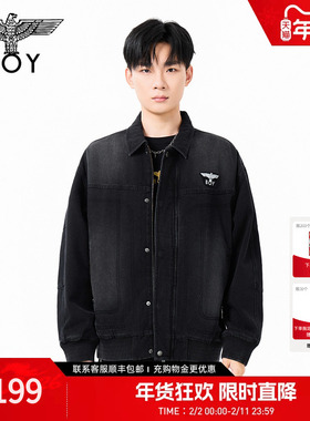 BOYLONDON男女同款帅气翻领水洗冬季黑色潮流百搭牛仔棉服N29017