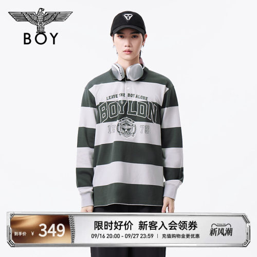 BOYLONDON潮流宽横条纹翻领长袖秋季男女同款撞色POLO衫N00007