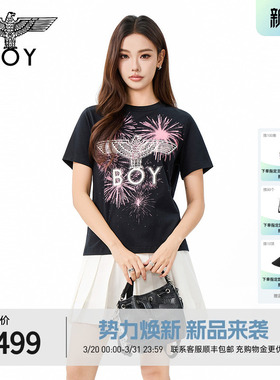 BOYLONDON黑色绚烂烟花潮牌老鹰刺绣百搭26年春夏新款女T恤W01002