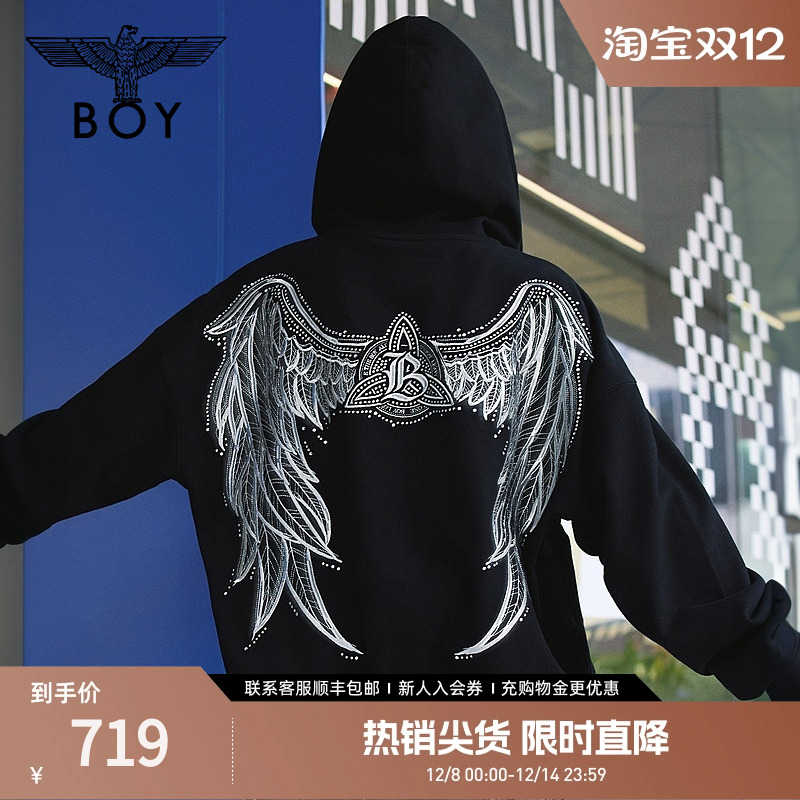 BOYLONDON秋季男女同款潮牌绣花时尚长袖连帽开衫卫衣外套N06018