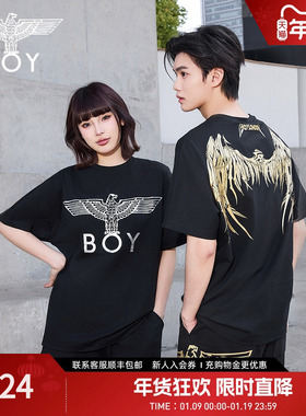 【金翼锁链】BOYLONDON夏季短袖情侣款翅膀烫金潮牌凉感T恤N01918