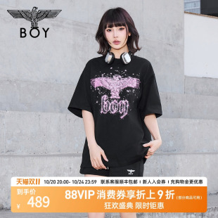 短袖 情侣款 BOYLONDON夏季 烫钻老鹰logo潮牌T恤N01003 暗夜星辰