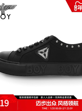 BOYLONDON春秋男女同款鞋子三鹰标logo黑色圆头时尚休闲鞋N79014