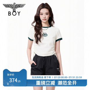 T恤W01133 BOYLONDON春夏女款 短款 圆领抽绳美式 辣妹针织短袖