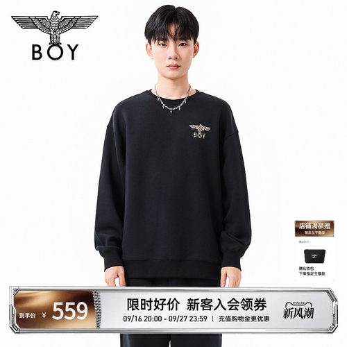 BOYLONDON时尚潮牌烫钻百搭套头圆领卫衣秋季男女同款上衣N03035