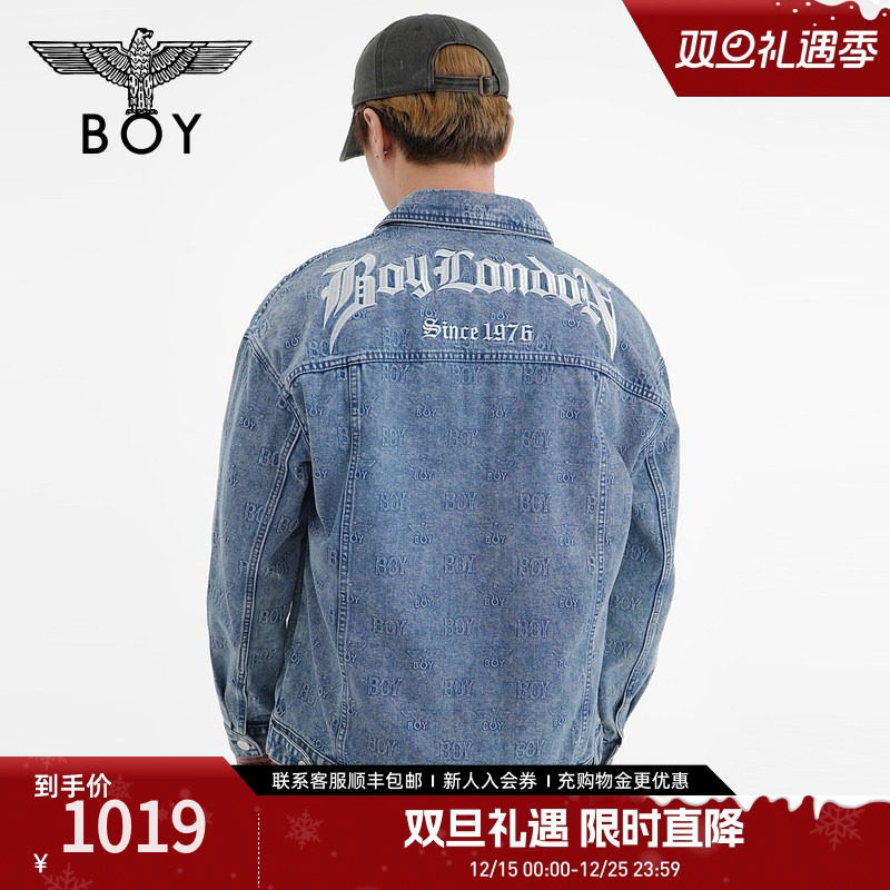 BOYLONDON秋男女同款字母满印时尚百搭蓝色牛仔外套N50006