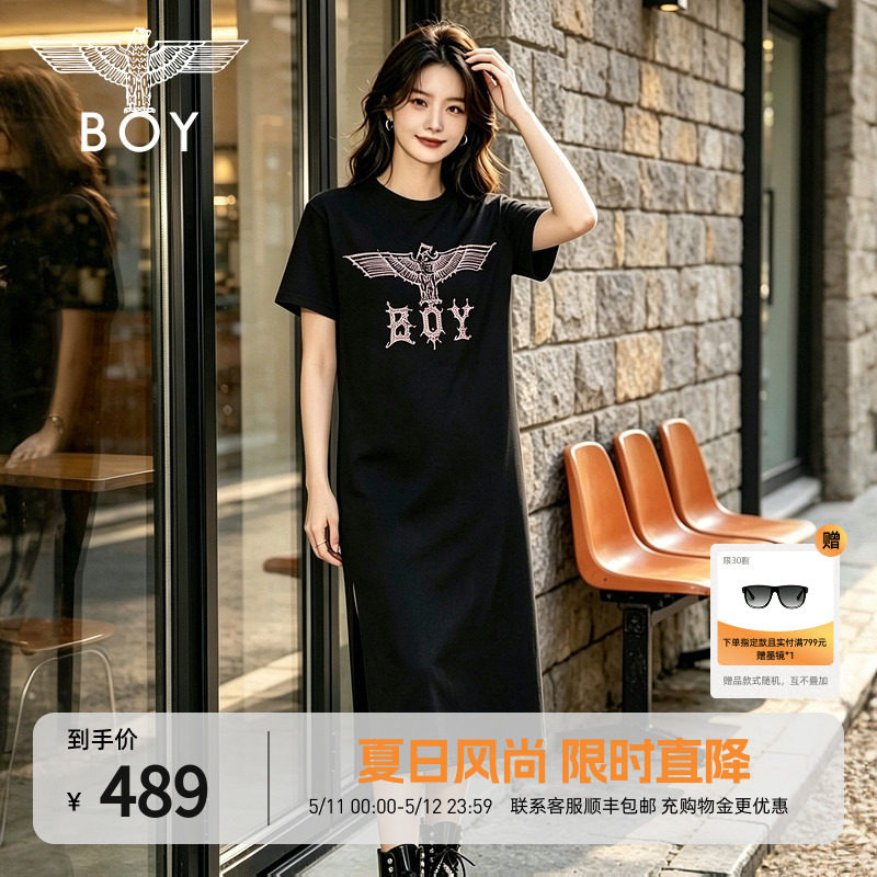 【粉钻蔷薇】BOYLONDON夏季女款直筒T恤裙翅膀黑色连衣裙W