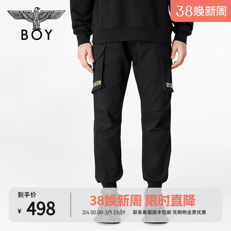 BOYLONDON春季情侣款经典老鹰印花多口袋工装束脚休闲长裤N34904