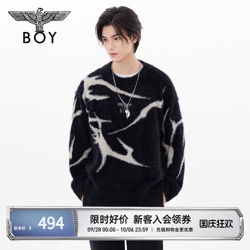 BOYLONDON冬情侣款荆棘撞色仿貂毛宽松保暖套头毛衣N60027
