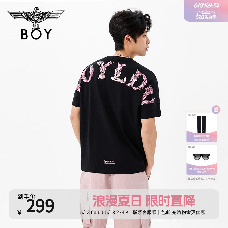 BOYLONDON黑粉宽松时尚朋克潮牌圆领T恤夏季新款男女短袖N