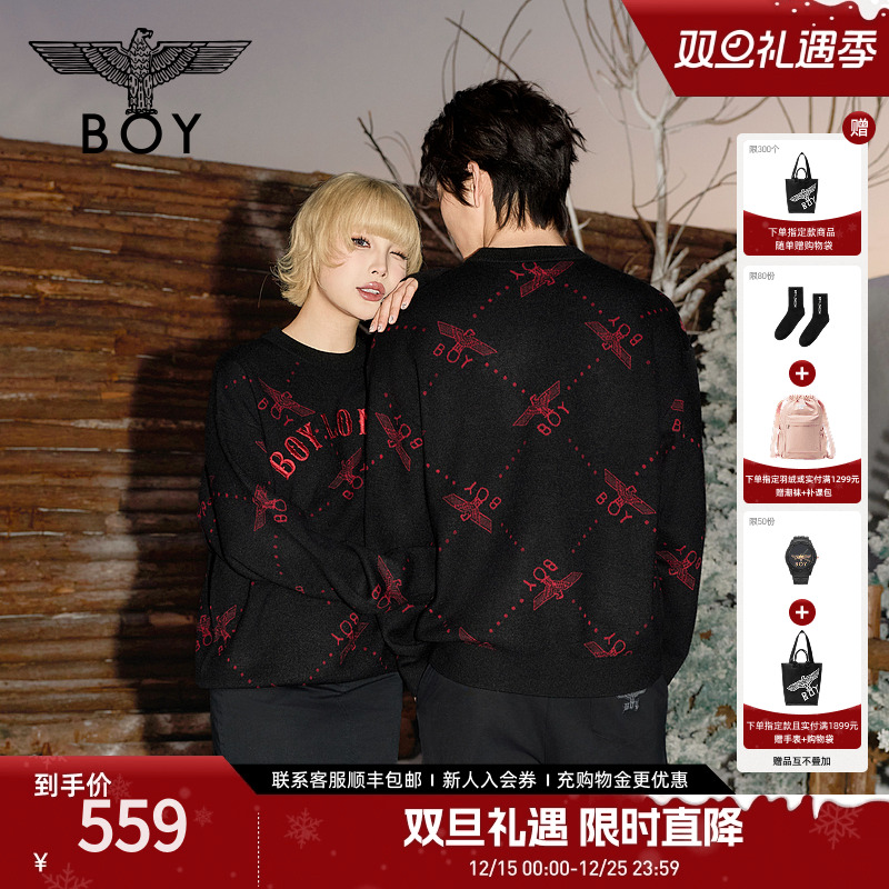 BOYLONDON秋季提花潮牌毛衣黑色男女款圆领套头毛衫针织衫N60908