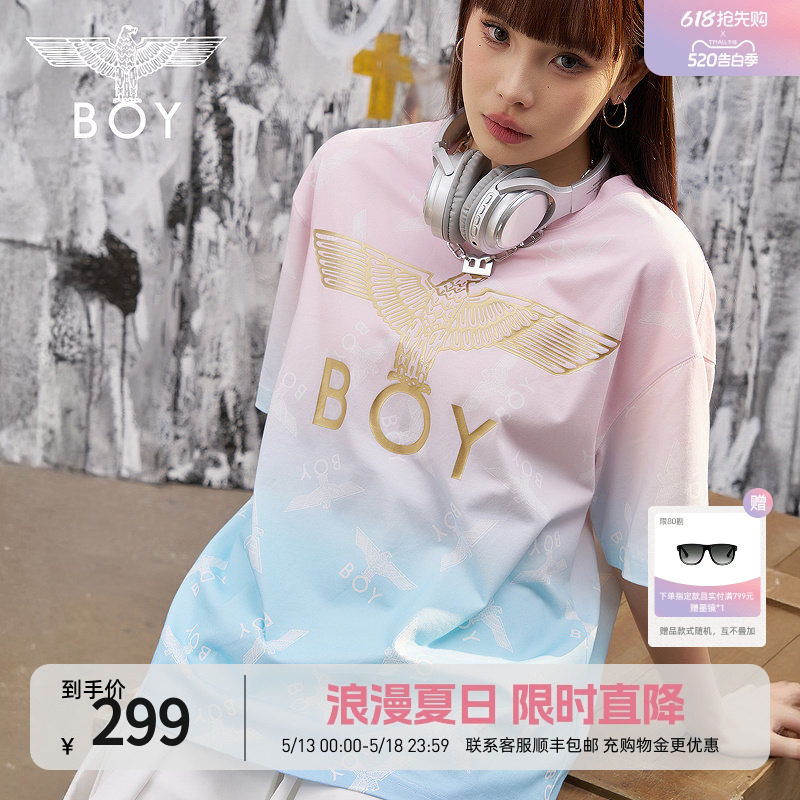 【西柚果茶】BOYLONDON蓝粉渐变潮牌短袖夏季男女同款T恤N