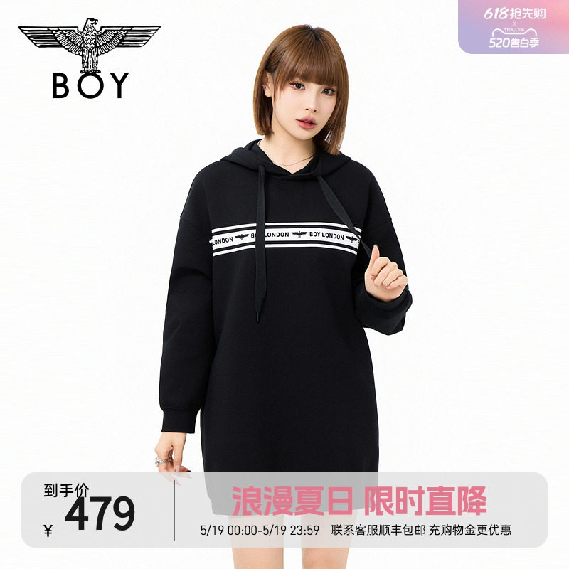 BOYLONDON女款简约黑色印花经典时尚潮牌休闲长袖连衣裙W1