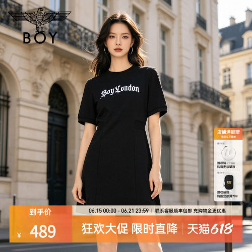 BOYLONDON夏日潮酷机能黑仿蓝钻收腰连衣裙26年女休闲T恤裙W17905