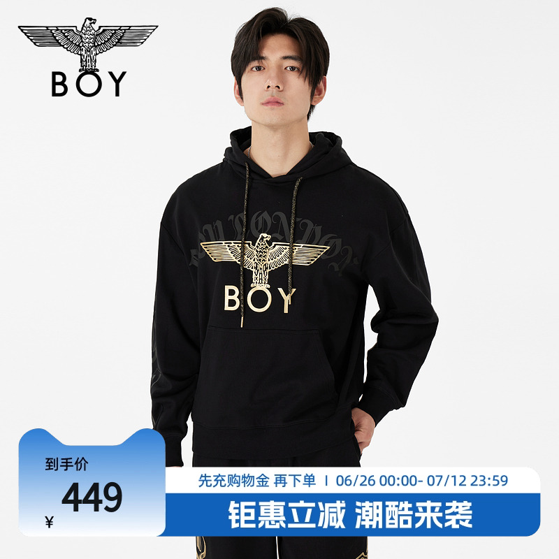 BOYLONDON春季男女同款烫金翅膀宽松黑色潮牌连帽套头卫衣N04011