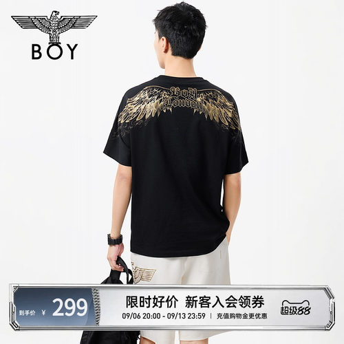 BOYLONDON时尚简约烫金翅膀潮牌休闲短袖夏季男女同款T恤N01255
