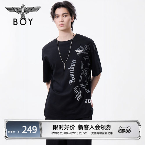 BOYLONDON黑色街头风个性印花潮牌休闲短袖夏季男女同款T恤N01132