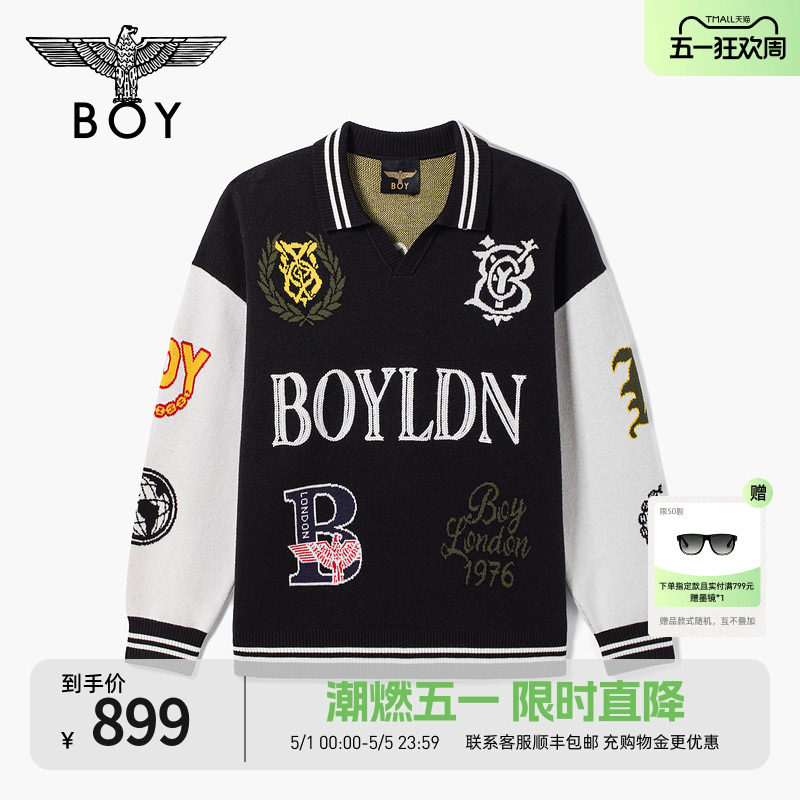 BOYLONDON美式潮流翻领棒球运动毛衣POLO领男女针织套头