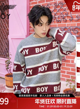 BOYLONDON春季圆领情侣款毛衣条纹撞色街头时尚套头针织衫N60012
