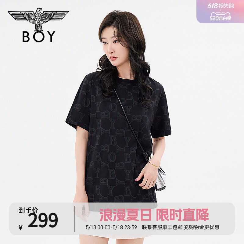 BOYLONDON男女同款短袖字母老花满印黑色潮牌T恤N0112
