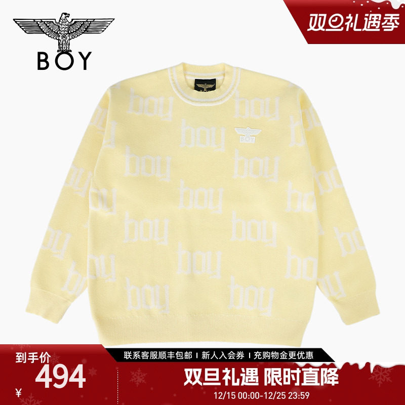 BOYLONDON2025春季男女同款满印休闲潮牌圆领套头针织毛