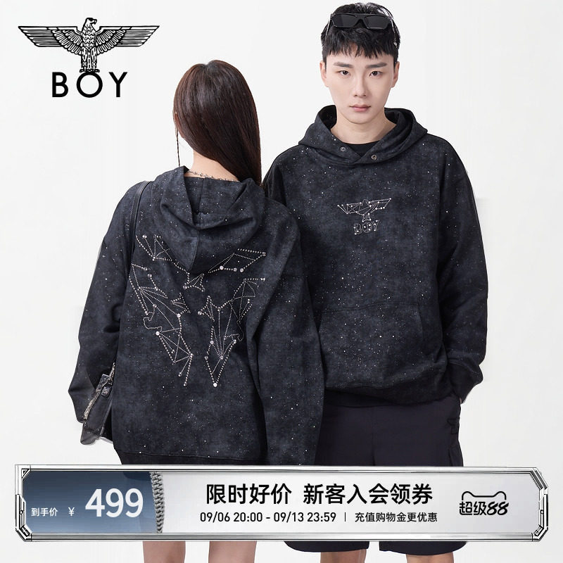 BOYLONDON秋季男女同款上衣潮牌烫钻百搭连帽套头长袖卫衣N04009