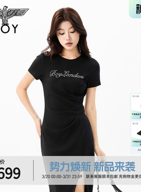 BOYLONDON黑色收腰连衣裙26夏季新款仿珍珠烫钻开衩T恤裙W17009
