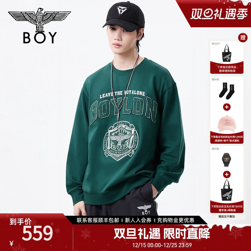 BOYLONDON25春季潮牌男女同款字母图腾学院风圆领长袖卫衣