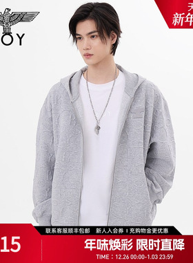 BOYLONDON春季男女同款外套字母提花宽松休闲连帽开衫卫衣N06016