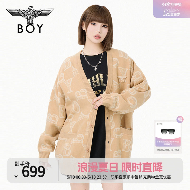 BOYLONDON春季V领慵懒风情侣老钱提花潮牌针织毛衣开衫外套