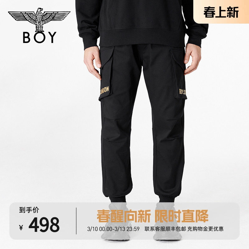 BOYLONDON春季情侣款经典老鹰印花多口袋工装束脚休闲长裤N34904