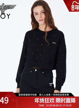 BOYLONDON春季女士短款上衣烫钻设计感圆领套头卫衣长袖W03001