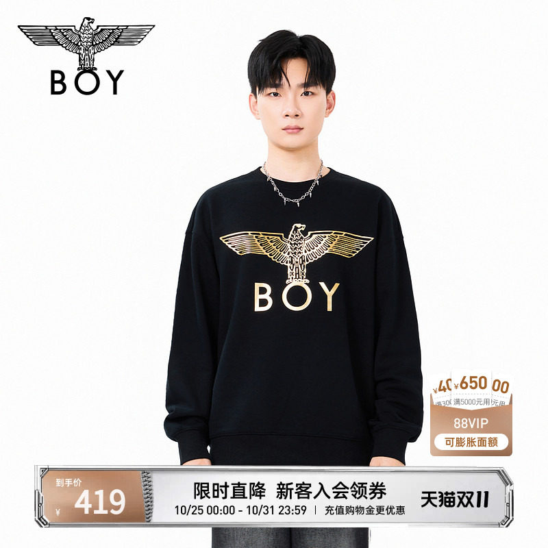 BOYLONDON时尚潮牌复古烫金印花长袖上衣秋季男女同款卫衣N03058