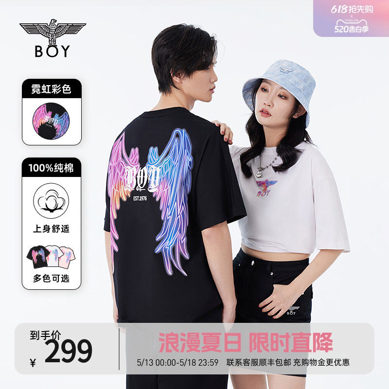 【霓虹光翼】BOYLONDON潮牌短袖春彩色翅膀情侣款T恤N01
