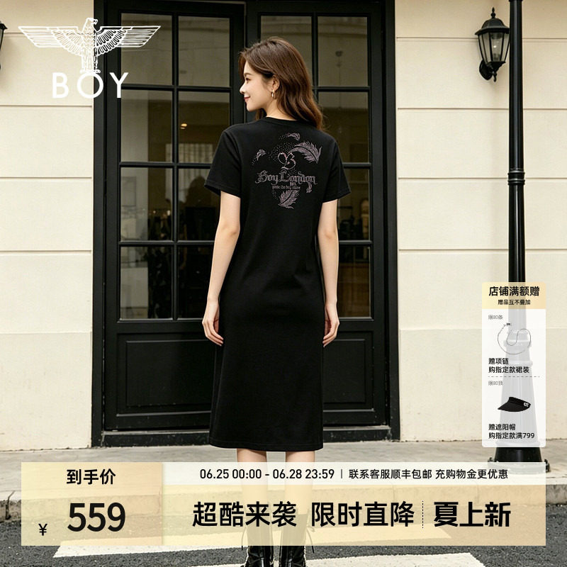 BOYLONDON潮流粉钻侧开叉黑色T恤裙2026夏季新款女连衣