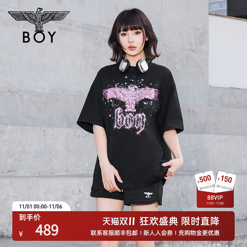 【暗夜星辰】BOYLONDON夏季情侣款短袖烫钻老鹰logo潮牌T恤N01003
