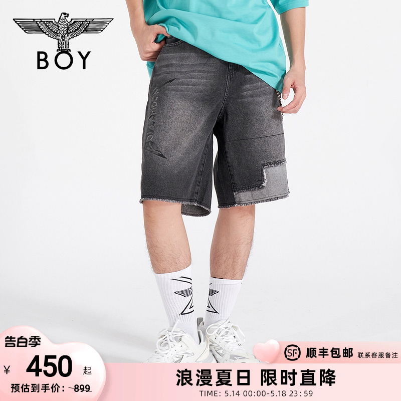 BOYLONDON潮牌男士短裤夏季破洞不对称金属链条复古牛仔裤M53000