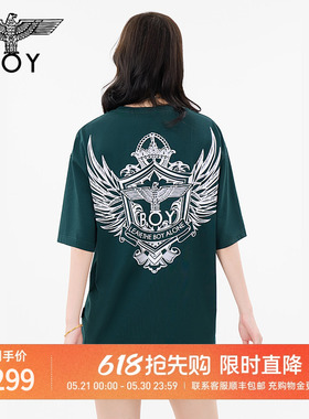 BOYLONDON男女同款短袖徽章个性潮牌痞帅绿色T恤N01167