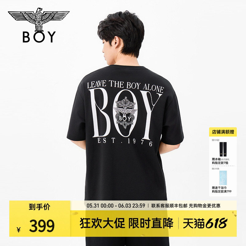 BOYLONDON黑色宽松百搭圆领短袖潮牌老鹰2026夏季新款T