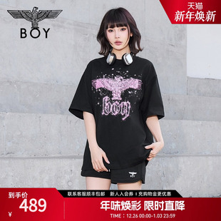 短袖 情侣款 BOYLONDON夏季 烫钻老鹰logo潮牌T恤N01003 暗夜星辰