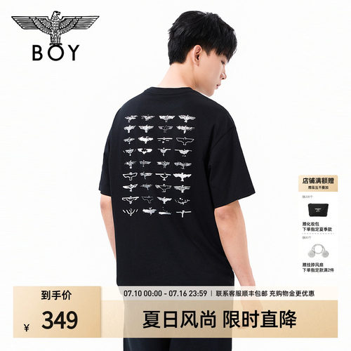BOYLONDON休闲潮牌时尚后背老鹰满印短袖春季男女同款T恤N01348