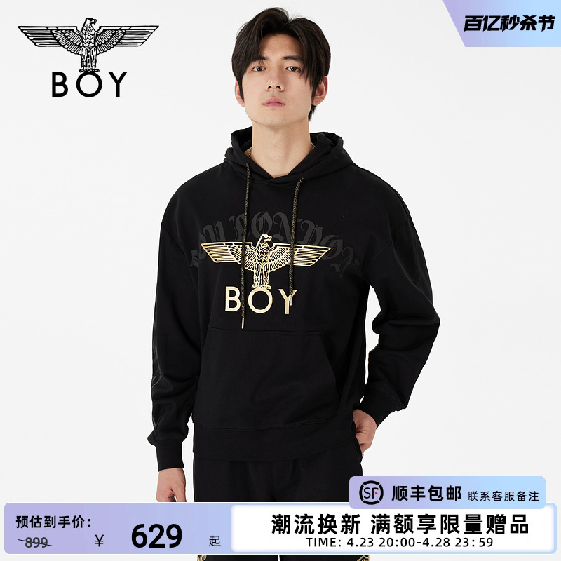 BOYLONDON秋冬男女同款烫金翅膀宽松黑色潮牌连帽套头卫衣N04011