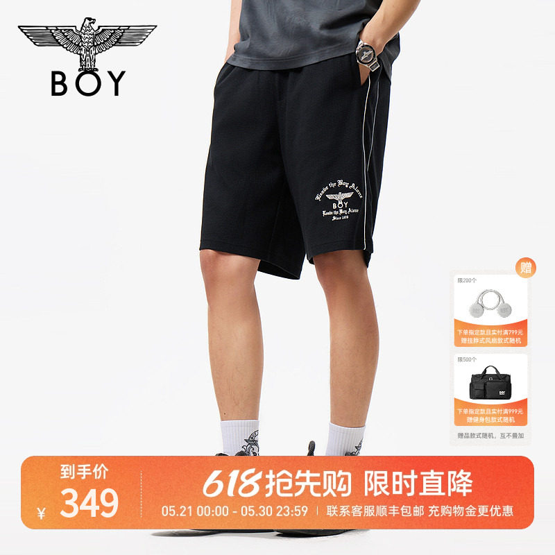 BOYLONDON夏季男女同款刺绣重磅休闲潮牌运动风抽绳中裤N1